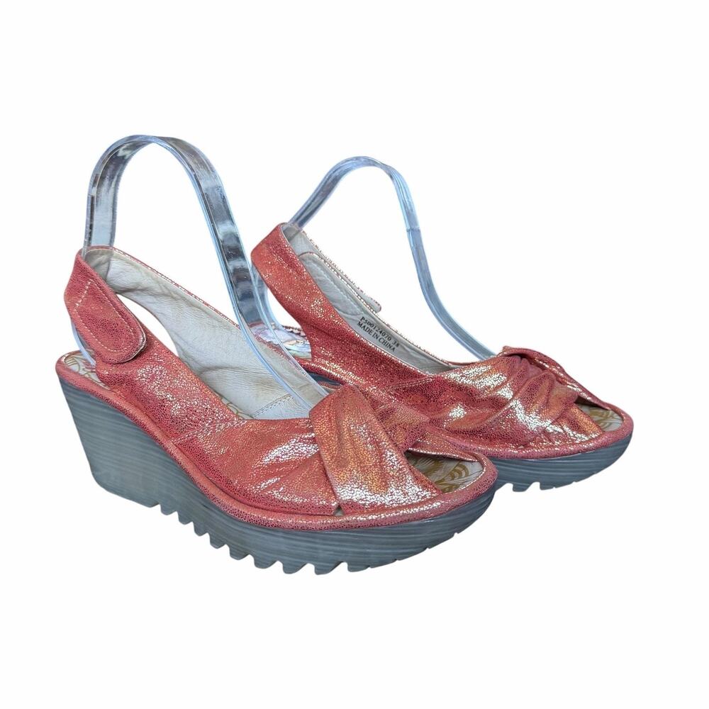 FLY London Yankin Sandals Womens Size 7.5 Pink Leather Slingback Wedge Comfort